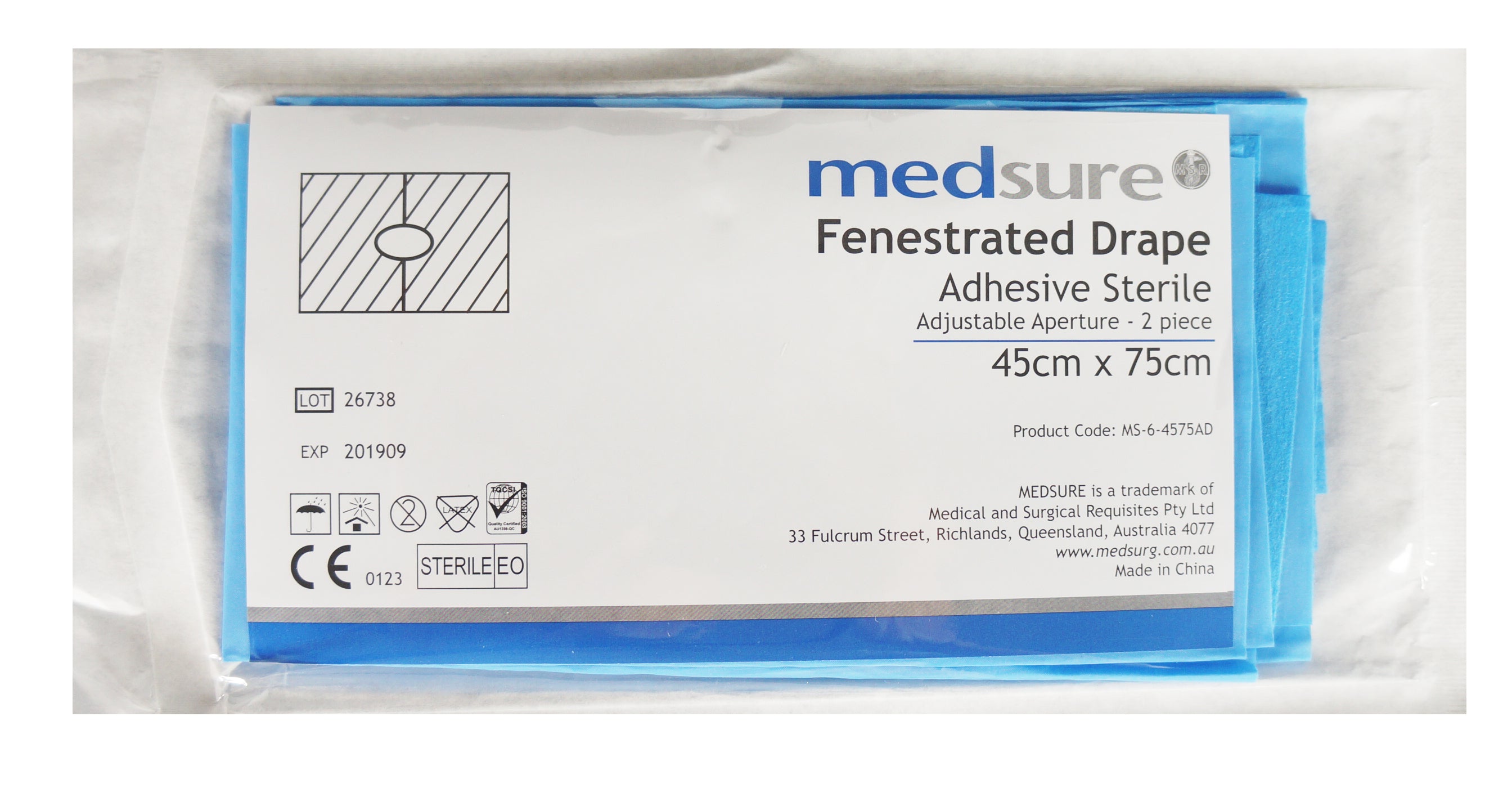 Medsure Fenestrated Sterile Drape - two piece adjustable 45cmx75cm box of 50 Adhesive
